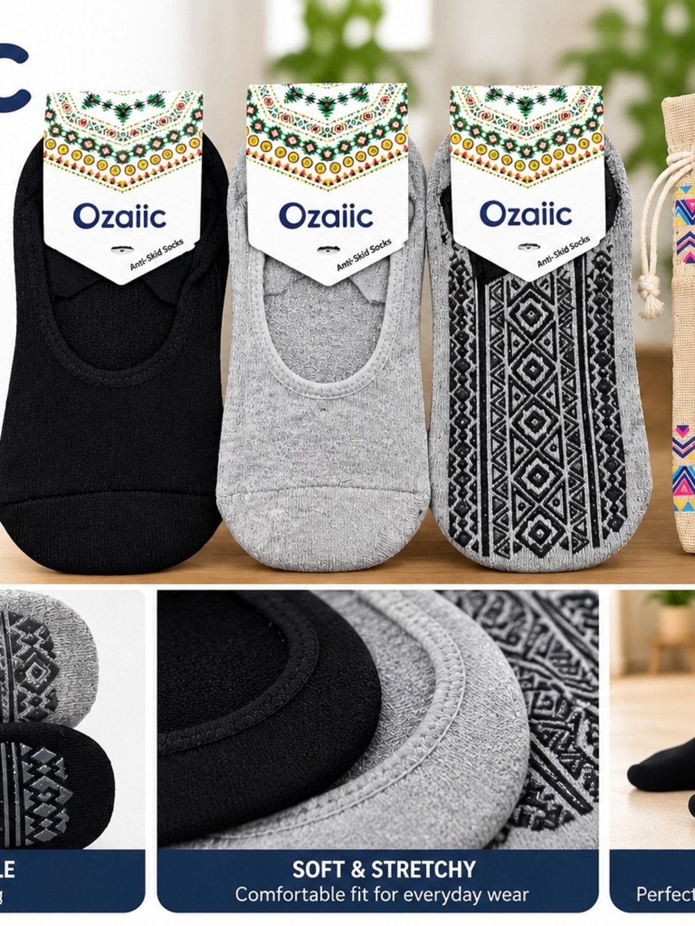 Womens No-Show Socks - Black & Gray (3 Pack) Ozaiic